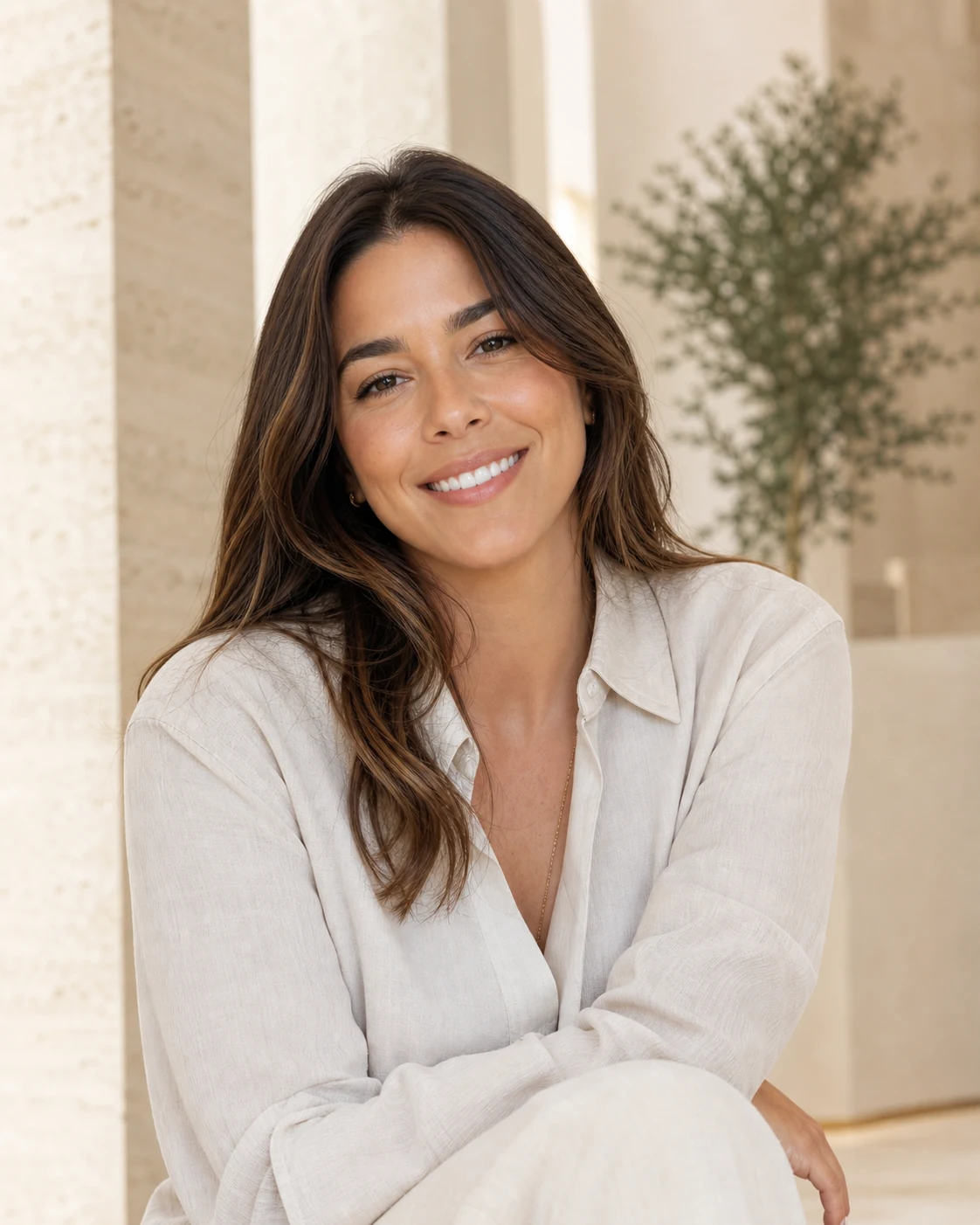 Imagem editorial de uma mulher adulta sorrindo em ambiente claro